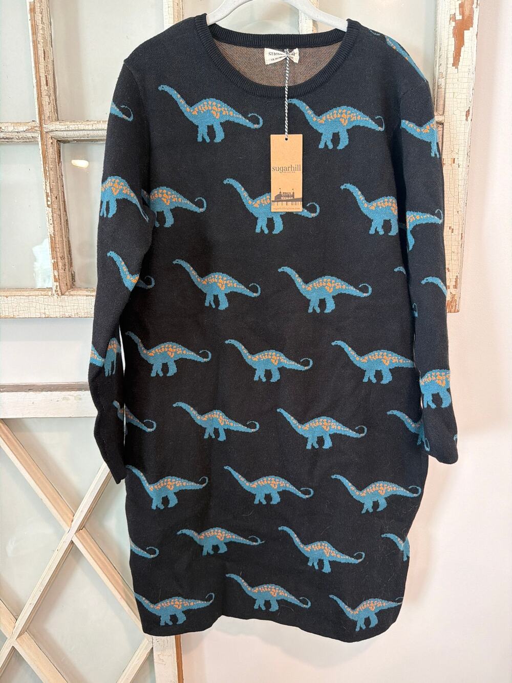 NWT Sugarhill size 10 Jaida Black Knit Sweater Dress Happy Herbivore Dinosaurs